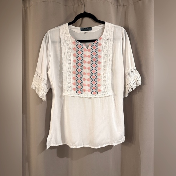 Serviano White Embroidered Top with Pink and Blue Accents - Picture 1 of 6
